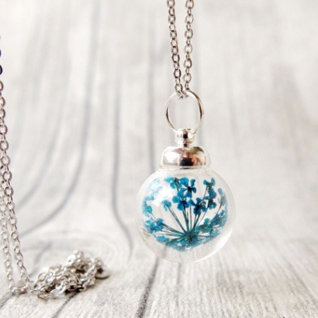 Silber Kette  Dillblüten in Glaskugel / Türkis Kette / Geschenk