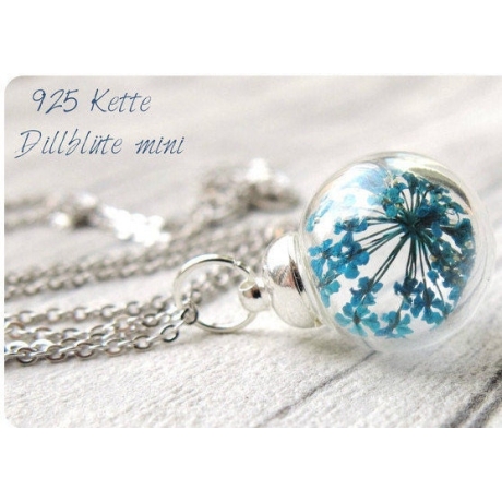 Silber Kette  Dillblüten in Glaskugel / Türkis Kette / Geschenk