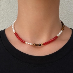 Halskette – Edelsteinschmuck Karneol, Tigerauge & Süßwasserperlen