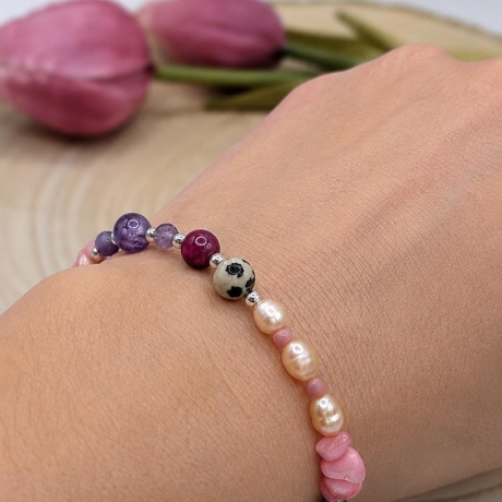 Armband - Perlenarmband - Dalmatiner Jaspis, Tigerauge & Amethyst