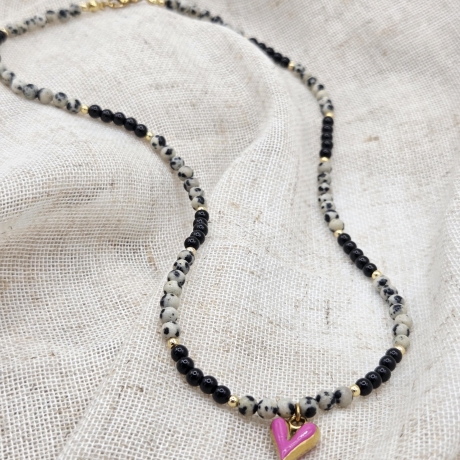 Halskette Herz Anhänger – Obsidian | Dalmatiner Jaspis | gold 