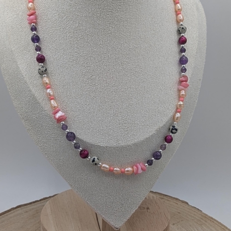 Halskette Perlenkette - Dalmatiner Jaspis, Tigerauge und Amethyst