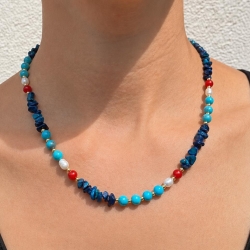 Halskette – Edelsteinkette mit Türkis, Chalcedon & Süßwasserperle