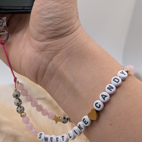 Handykette fürs Handgelenk – Rosenquarz, Dalmatiner-Jaspis