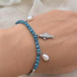 Armband | Fisch | Süßwasserperlen | blauer Apatit | gold & silber