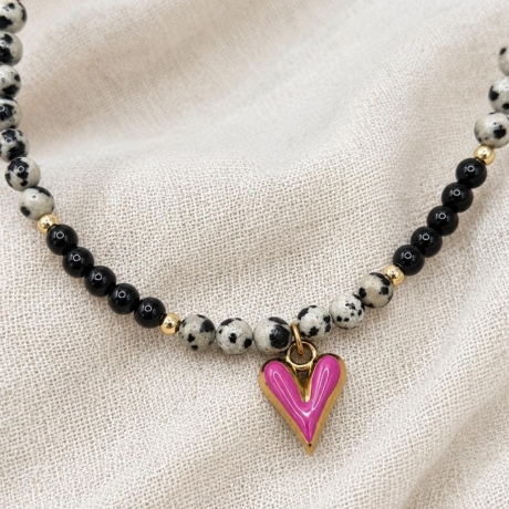 Halskette Herz Anhänger – Obsidian | Dalmatiner Jaspis | gold 