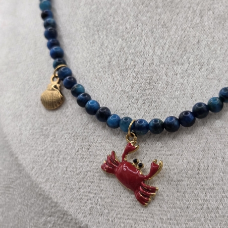 Halskette Perlenkette Tigerauge blau, Krebs Anhänger & Muscheln