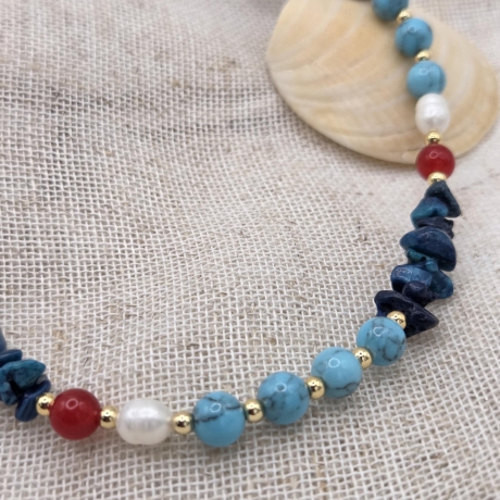Halskette – Edelsteinkette mit Türkis, Chalcedon & Süßwasserperle