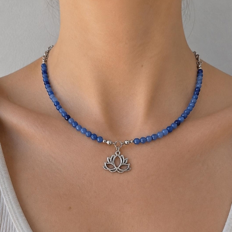 Halskette Aventurin mit Lotusblüten - Anhänger Silber - Lotus
