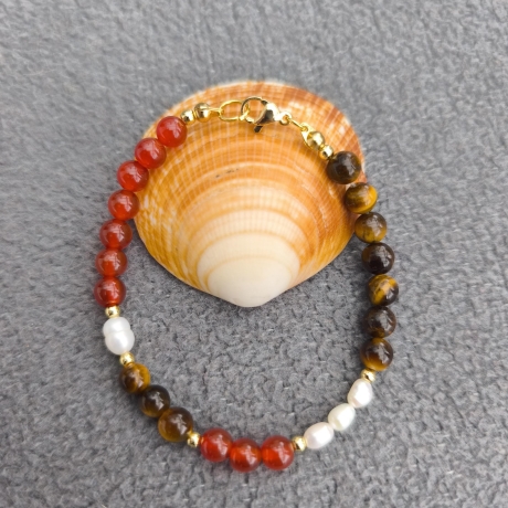 Armband – Karneol, Tigerauge & Süßwasserperlen – Perlenarmband