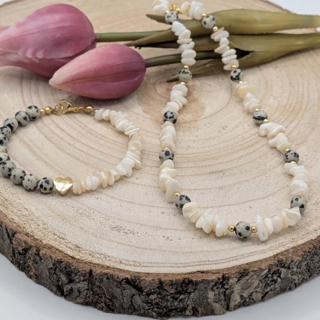 Armband - Edelstein Schmuck - Dalmatiner Jaspis und Muschelstein