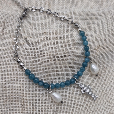 Armband | Fisch | Süßwasserperlen | blauer Apatit | gold & silber