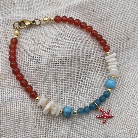 Armband mit Seestern | roter Achat | Apatit | Türkis | Perlen