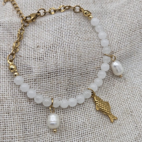 Armband | Fisch | Süßwasserperlen | weißer Jade | Silber | Gold