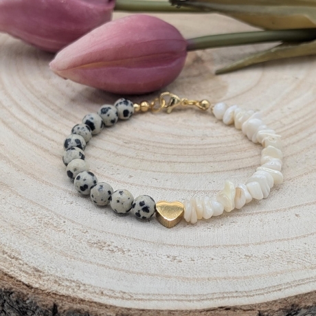 Armband - Edelstein Schmuck - Dalmatiner Jaspis und Muschelstein