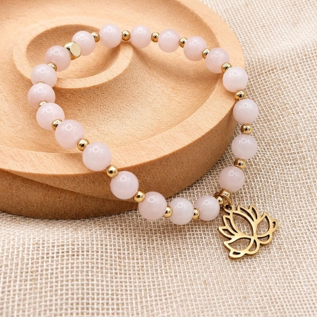 Rosenquarz Armband | Edelsteinarmband mit Lotus | Geschenk Frauen