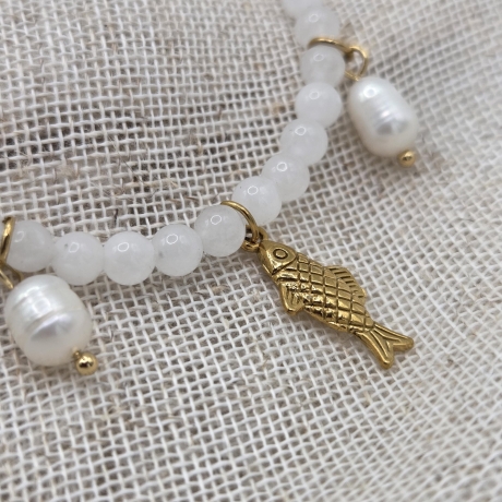 Armband | Fisch | Süßwasserperlen | weißer Jade | Silber | Gold