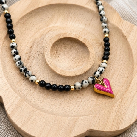 Halskette Herz Anhänger – Obsidian | Dalmatiner Jaspis | gold 
