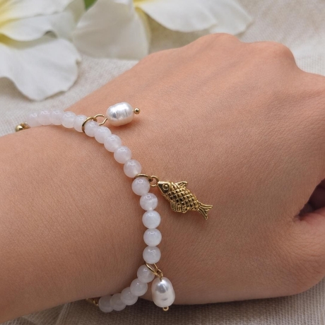 Armband | Fisch | Süßwasserperlen | weißer Jade | Silber | Gold