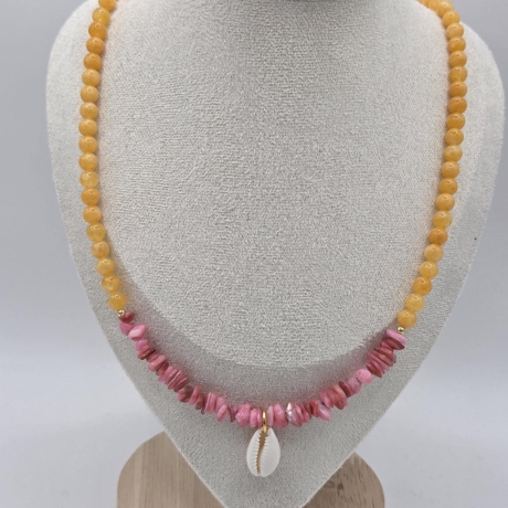 Halskette Seelenstrand – Chalcedon & Muschel Halskette rosa gelb