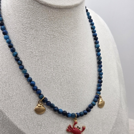 Halskette Perlenkette Tigerauge blau, Krebs Anhänger & Muscheln