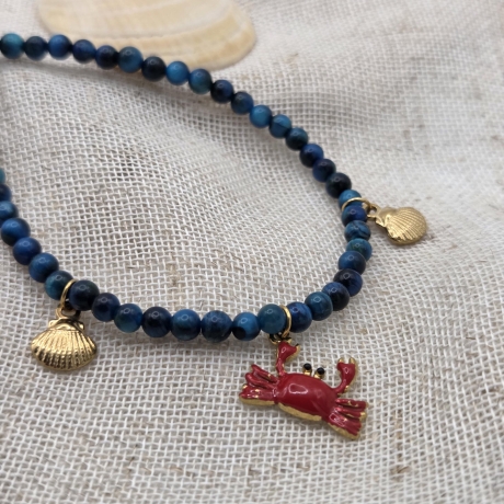 Halskette Perlenkette Tigerauge blau, Krebs Anhänger & Muscheln