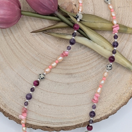 Halskette Perlenkette - Dalmatiner Jaspis, Tigerauge und Amethyst