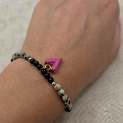 Edelstein Armband mit Herzanhänger | Dalmatiner Jaspis & Obsidian