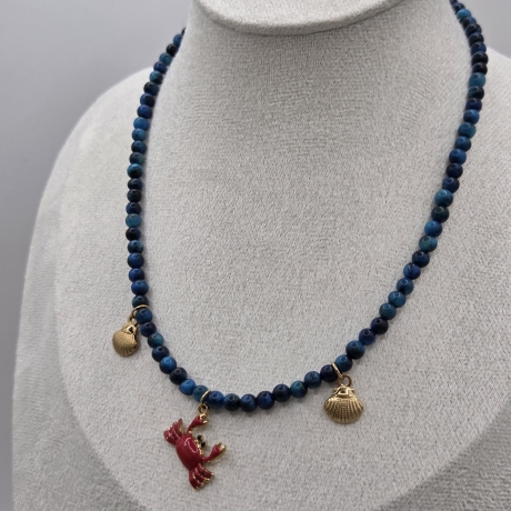 Halskette Perlenkette Tigerauge blau, Krebs Anhänger & Muscheln