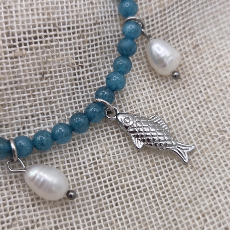 Armband | Fisch | Süßwasserperlen | blauer Apatit | gold & silber