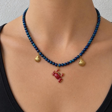 Halskette Perlenkette Tigerauge blau, Krebs Anhänger & Muscheln