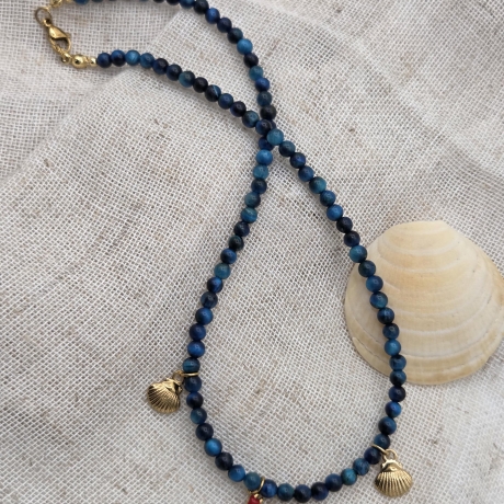 Halskette Perlenkette Tigerauge blau, Krebs Anhänger & Muscheln