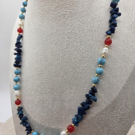 Halskette – Edelsteinkette mit Türkis, Chalcedon & Süßwasserperle