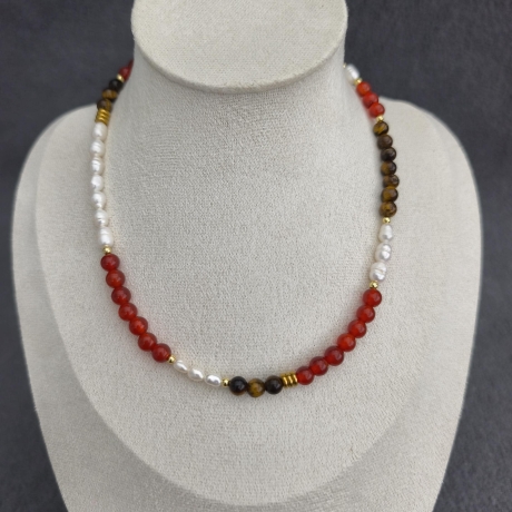 Halskette – Edelsteinschmuck Karneol, Tigerauge & Süßwasserperlen
