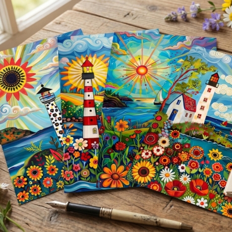 Volkskunst-Set Maritime Mini Print | 4er Set Leuchtturm | 13 x 18