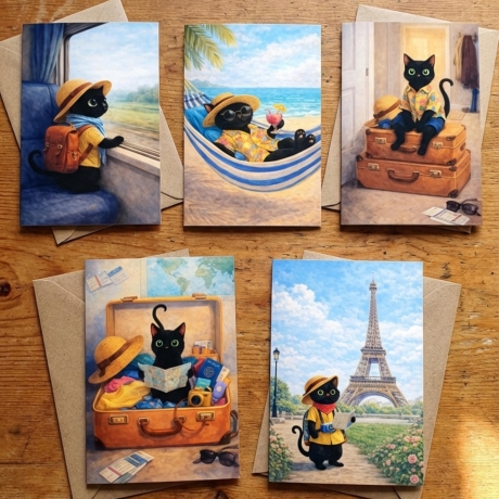 5er Postkarten Set Reise-Katze – Süße schwarze Katze im Urlaub