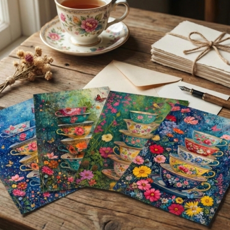 Moni Print Set Kunst - 4er Set Teetassen & Blumen 
