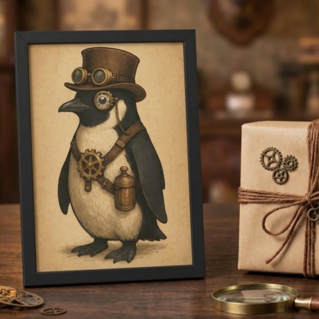 Steampunk Pinguin – Viktorianisches Tierportrait A4