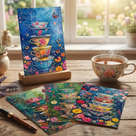 Moni Print Set Kunst - 4er Set Teetassen & Blumen 