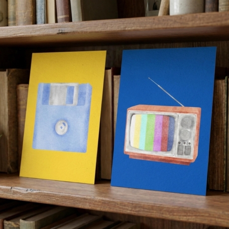 6er Set Retro Mini Print – mit Kassette, Telefon & Diskette,