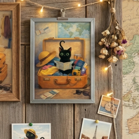 5er Postkarten Set Reise-Katze – Süße schwarze Katze im Urlaub