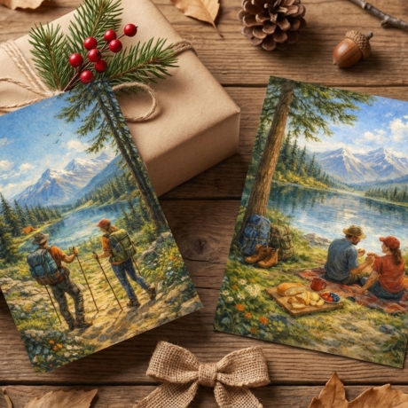 4er Set Postkarten Camping & Wandern, Kunstkarten Natur Berge See