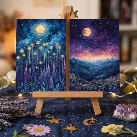 Mystisches 4er Mini Print Set 13x18 cm – Mond & Sternenhimmel 