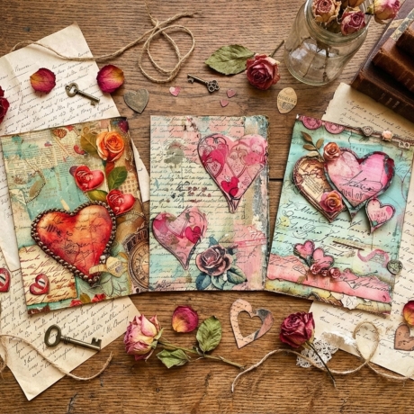 Vintage Love Letters Kunstkarten Set - 4er Set romantische Herz