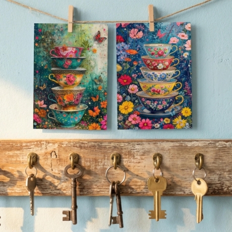 Moni Print Set Kunst - 4er Set Teetassen & Blumen 