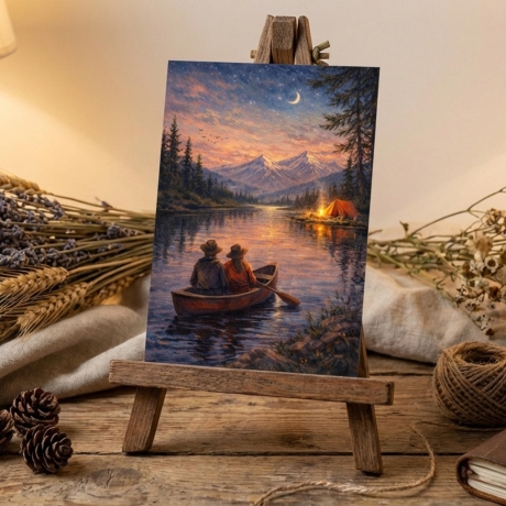 4er Set Postkarten Camping & Wandern, Kunstkarten Natur Berge See