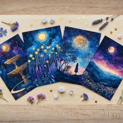 Mystisches 4er Mini Print Set 13x18 cm – Mond & Sternenhimmel 