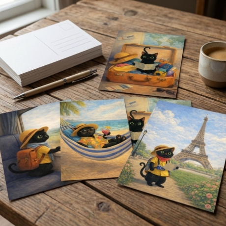 5er Postkarten Set Reise-Katze – Süße schwarze Katze im Urlaub