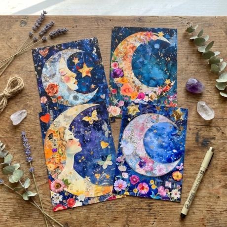 4er Set Karten Mondphasen Kunst & Astrologie – Magische Deko,Boho