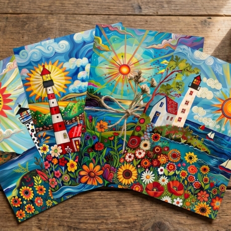 Volkskunst-Set Maritime Mini Print | 4er Set Leuchtturm | 13 x 18